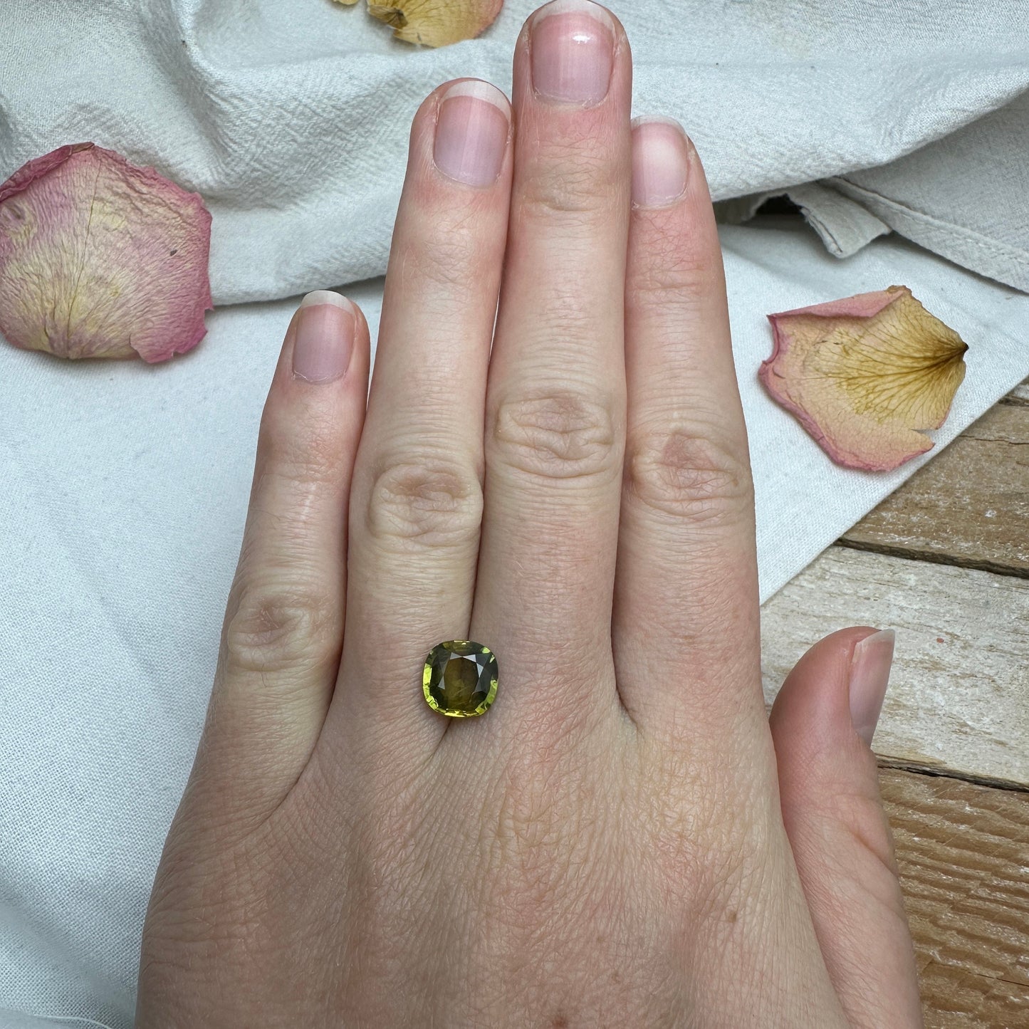 8.5mm BE Treated Natural Sapphire 2.73 Cushion Corundum, BERYLLIUM TREATED, Faceted Loose Yellow-Green Sapphire