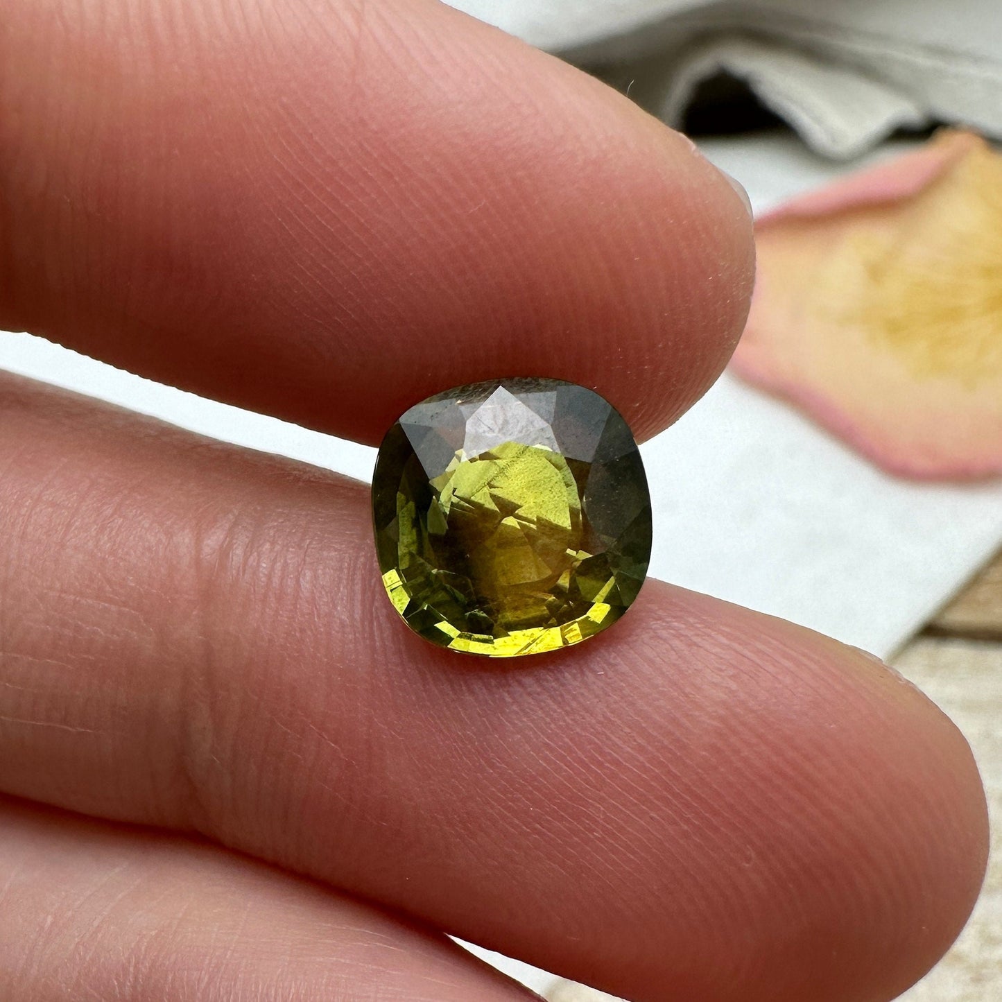 8.5mm BE Treated Natural Sapphire 2.73 Cushion Corundum, BERYLLIUM TREATED, Faceted Loose Yellow-Green Sapphire