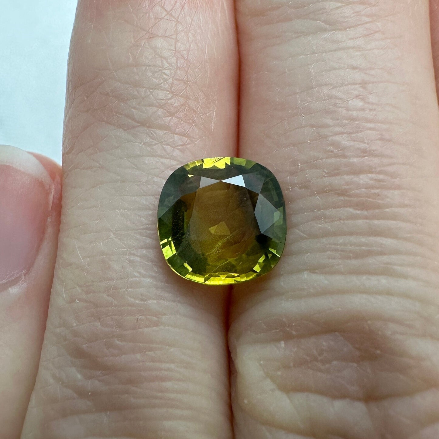 8.5mm BE Treated Natural Sapphire 2.73 Cushion Corundum, BERYLLIUM TREATED, Faceted Loose Yellow-Green Sapphire