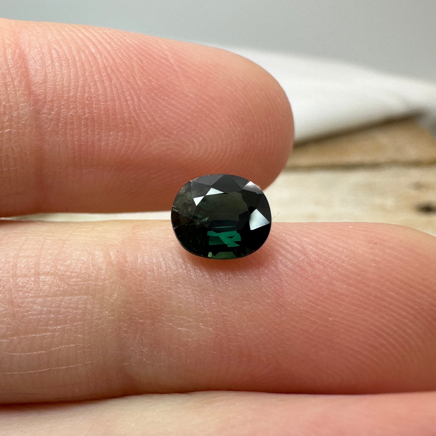 1.26 Carat Natural Blue Green  Sapphire 6.5x5.7mm Oval Cut, Dark Bluish Green Faceted Loose Heated Corundum