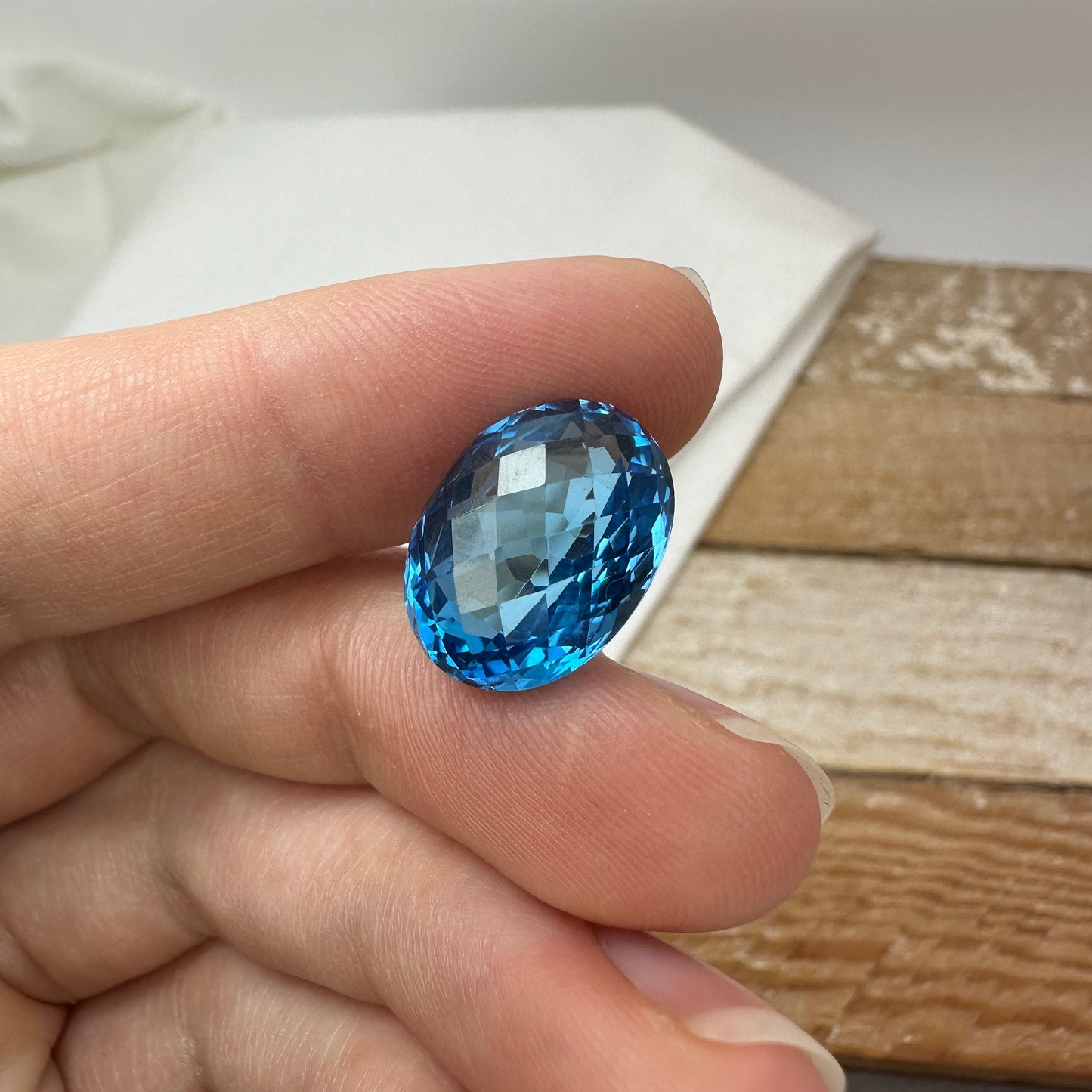 13.88 carat Swiss Blue Topaz 16x12mm Oval Checkerboard Cut, Faceted December Birthstone, Recycled Gems
