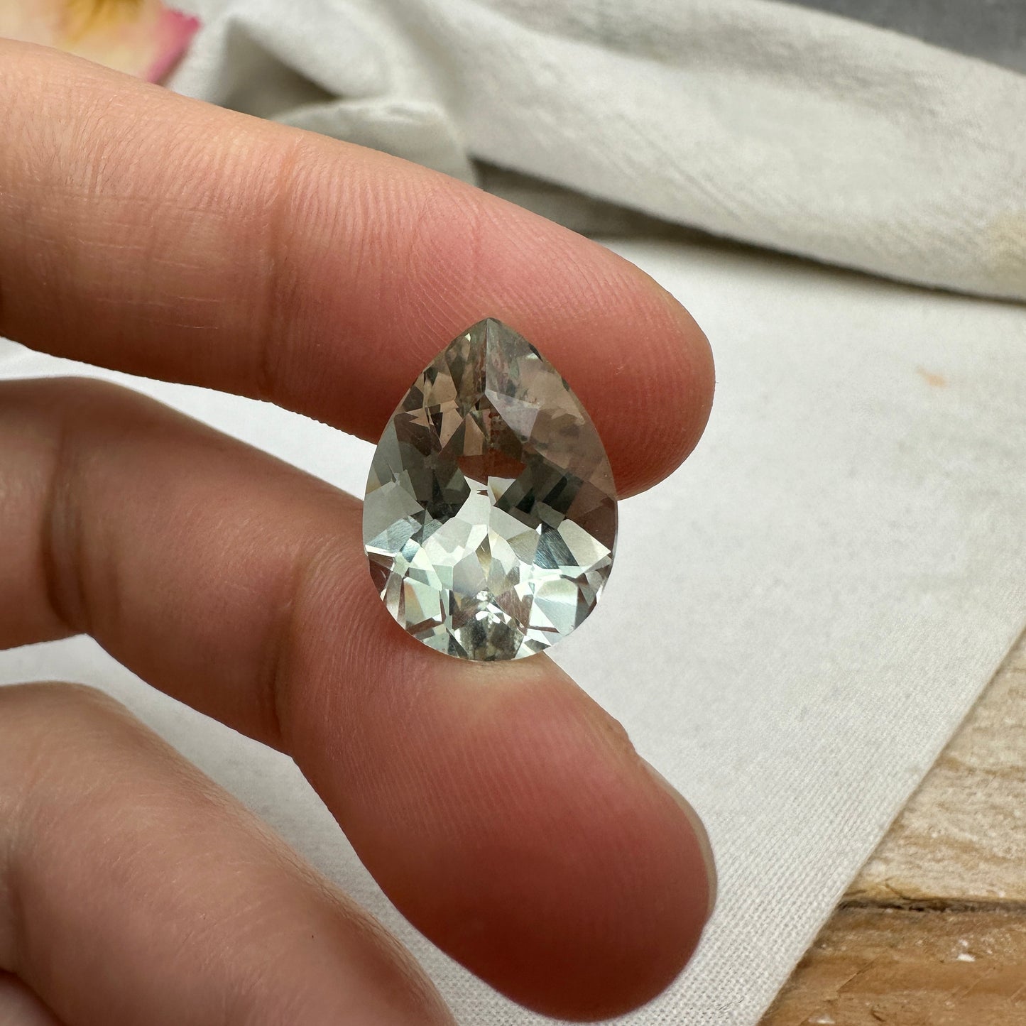 16x12mm Prasiolite (Light Green Quarts) 7.59 Carat, Pear Cut, Faceted Loose Green Gemstone, Sometimes called "Green Amethyst"