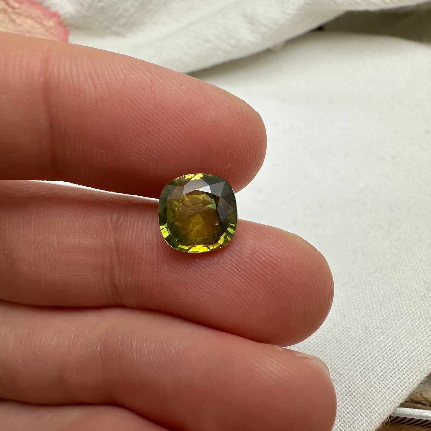 8.5mm BE Treated Natural Sapphire 2.73 Cushion Corundum, BERYLLIUM TREATED, Faceted Loose Yellow-Green Sapphire