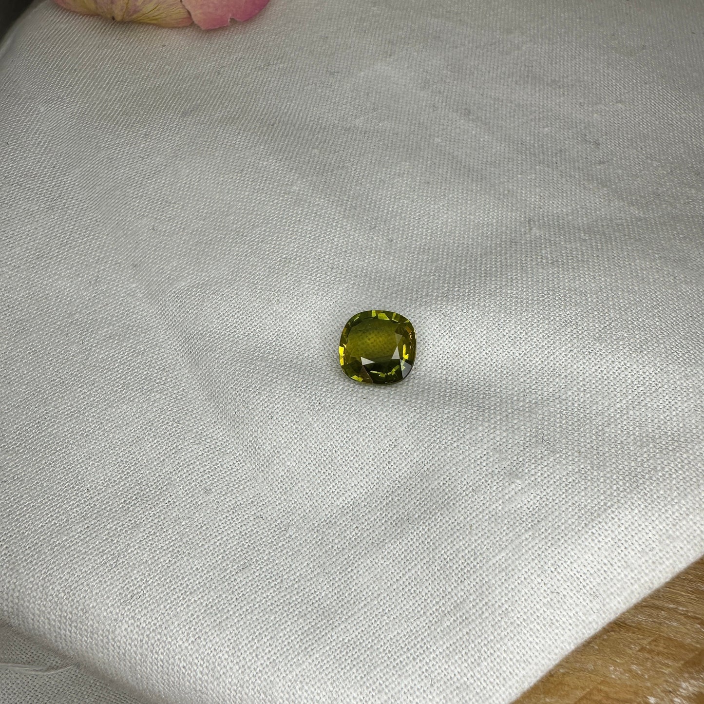 8.5mm BE Treated Natural Sapphire 2.73 Cushion Corundum, BERYLLIUM TREATED, Faceted Loose Yellow-Green Sapphire