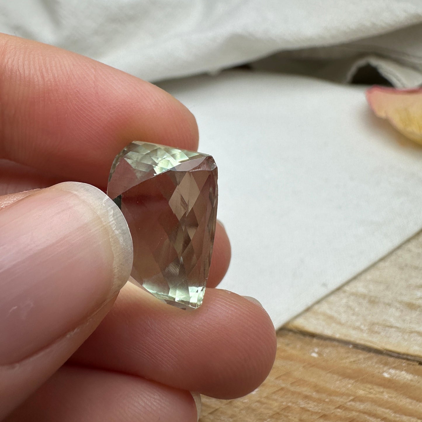 16 carat Prasiolite (Light Green Quarts) 16.4x13.5mm Rectangle Octagon, Imperfect- Chip