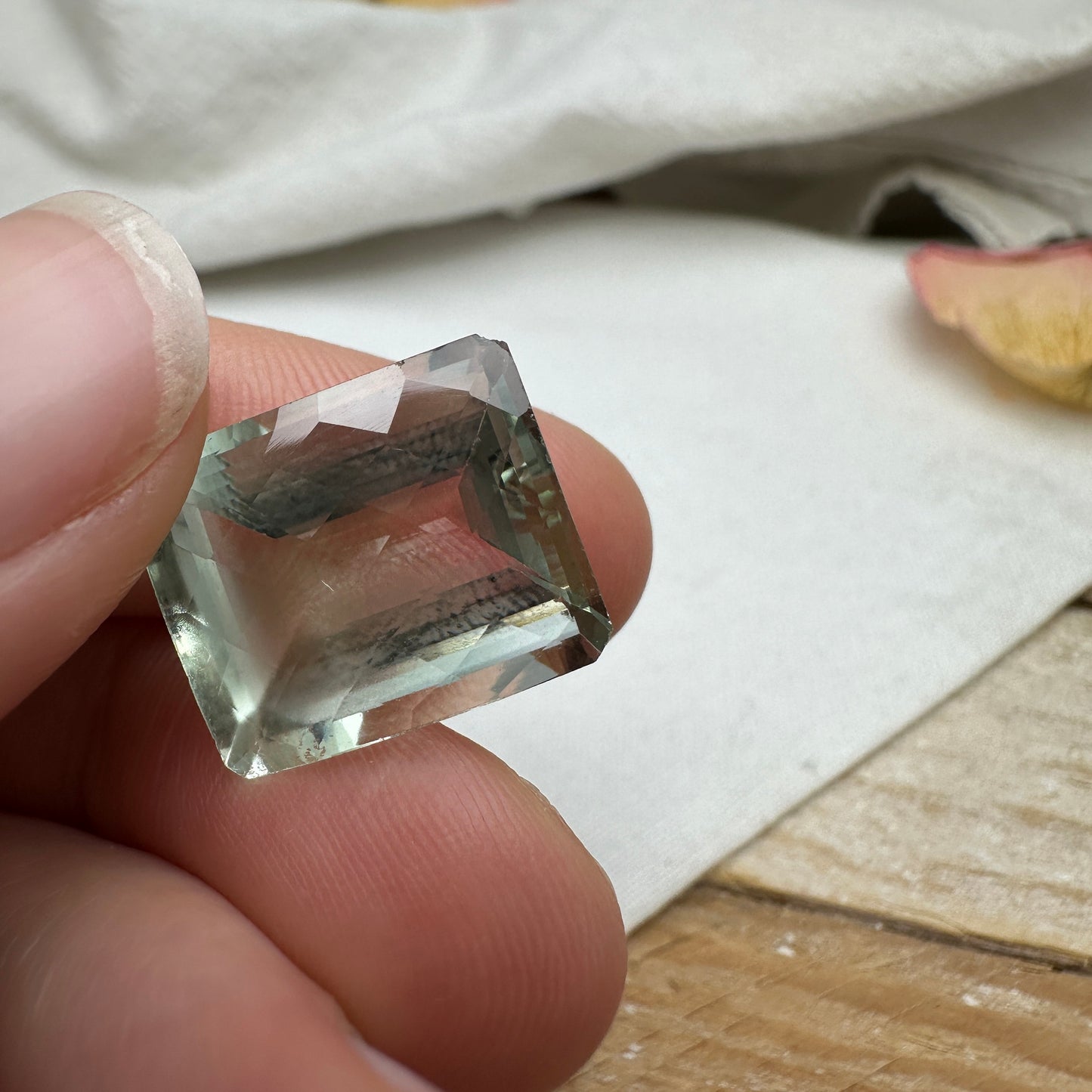 16 carat Prasiolite (Light Green Quarts) 16.4x13.5mm Rectangle Octagon, Imperfect- Chip