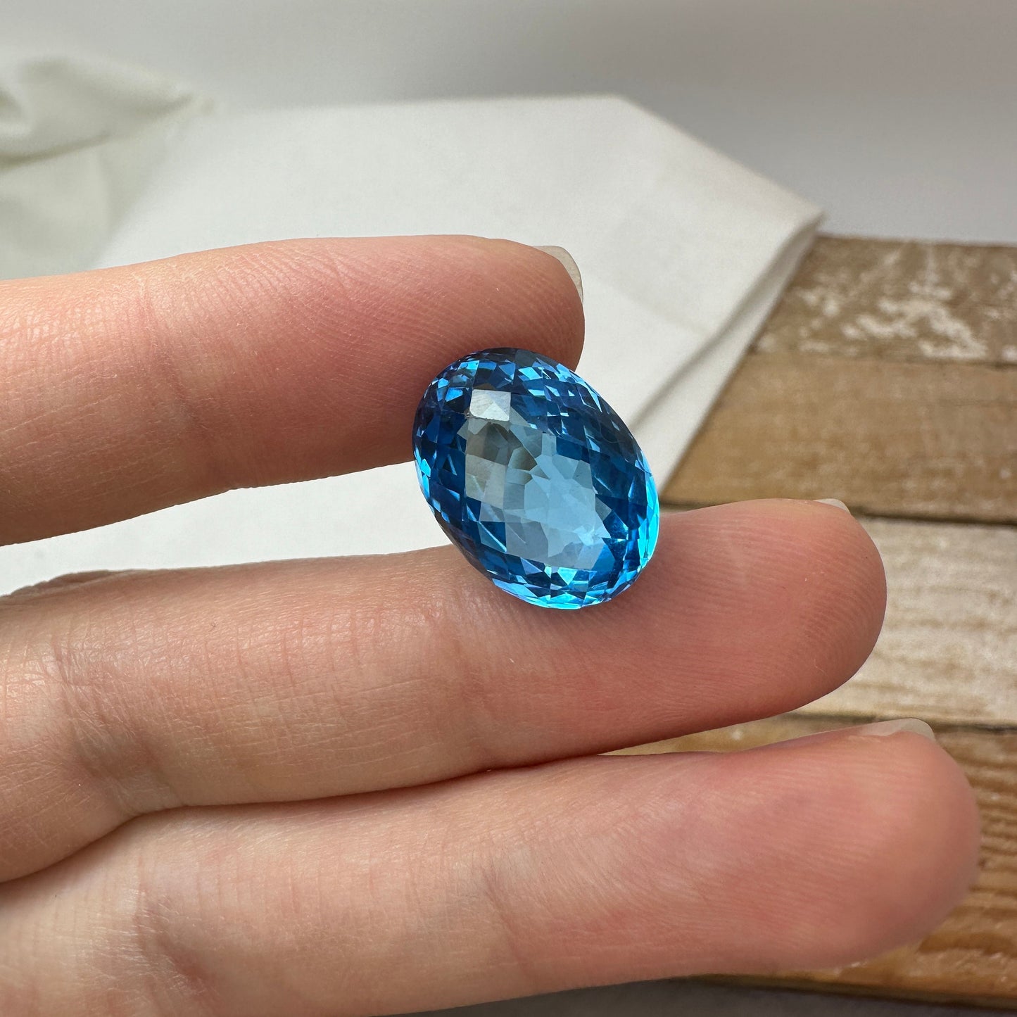 13.88 carat Swiss Blue Topaz 16x12mm Oval Checkerboard Cut, Faceted December Birthstone, Recycled Gems