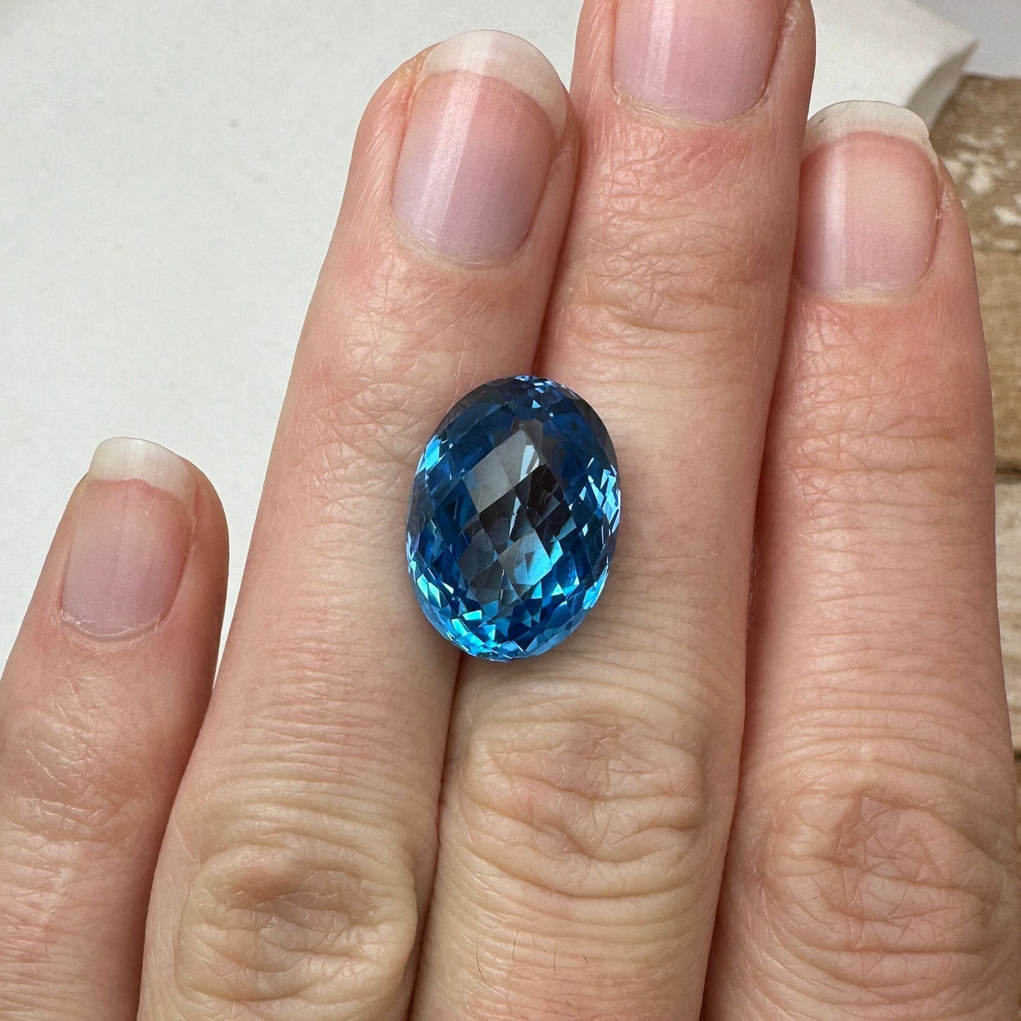 13.88 carat Swiss Blue Topaz 16x12mm Oval Checkerboard Cut, Faceted December Birthstone, Recycled Gems
