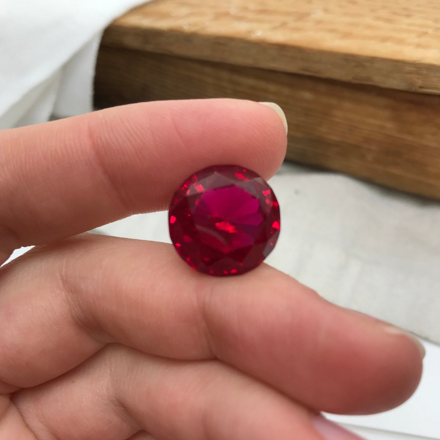 14.7mm Synthetic Ruby Round  14.69 Carat, Lab Created Red Ruby, Recycled Gem