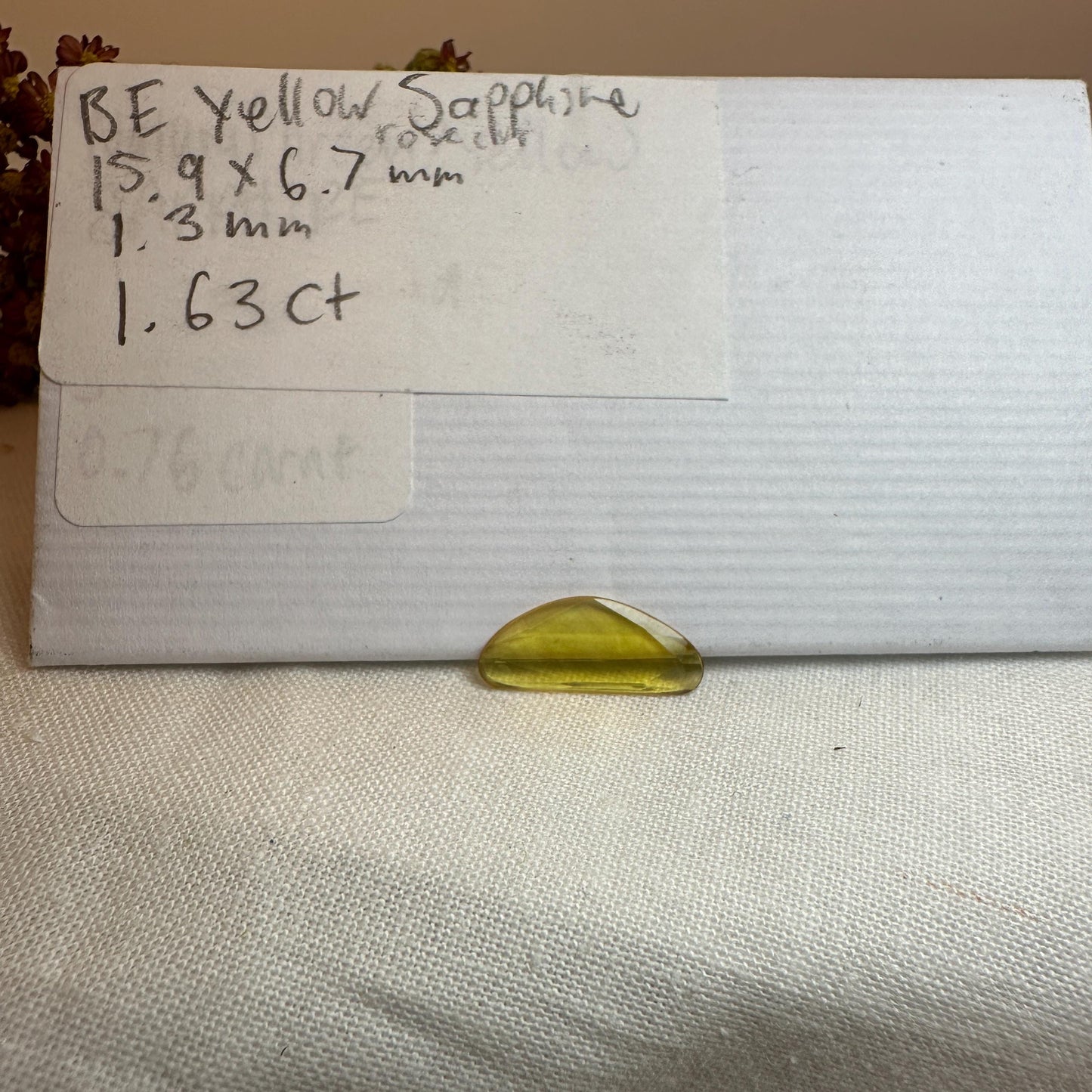 1.63 Carat Natural Yellow Sapphire, 16x6.7mm Rose Cut, BE Yellow Sapphire, Freeform, Beryllium Treated Sapphire