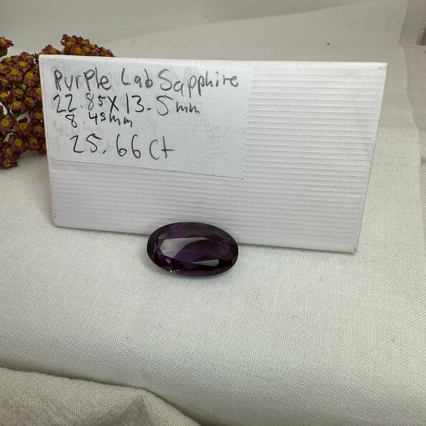 25 Carat Lab Created Purple Sapphire, 23x13.5mm Long Oval Cut Man-Made Lab Grown Corundum Faceted