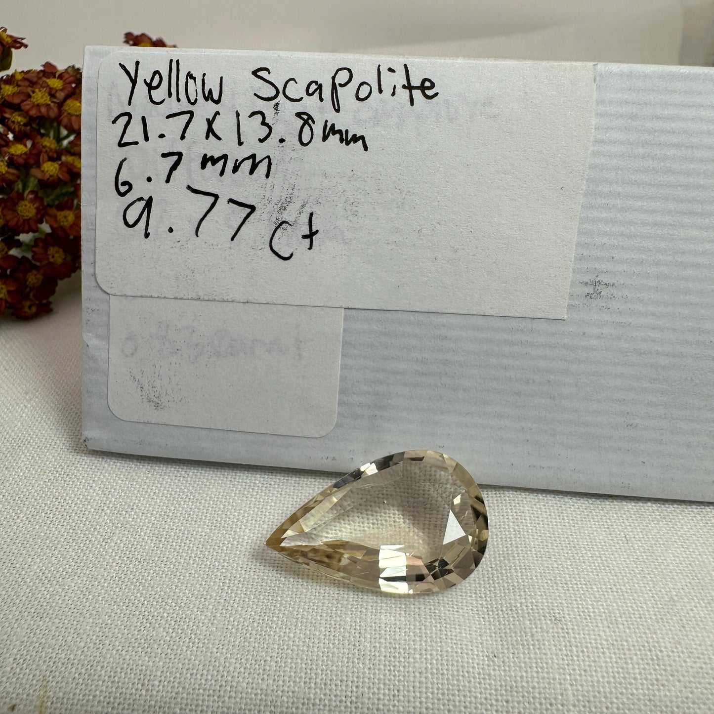 Yellow Scapolite, 21.7x13.8mm Pear cut, 9.77 carat, Faceted Loose Natural Gem