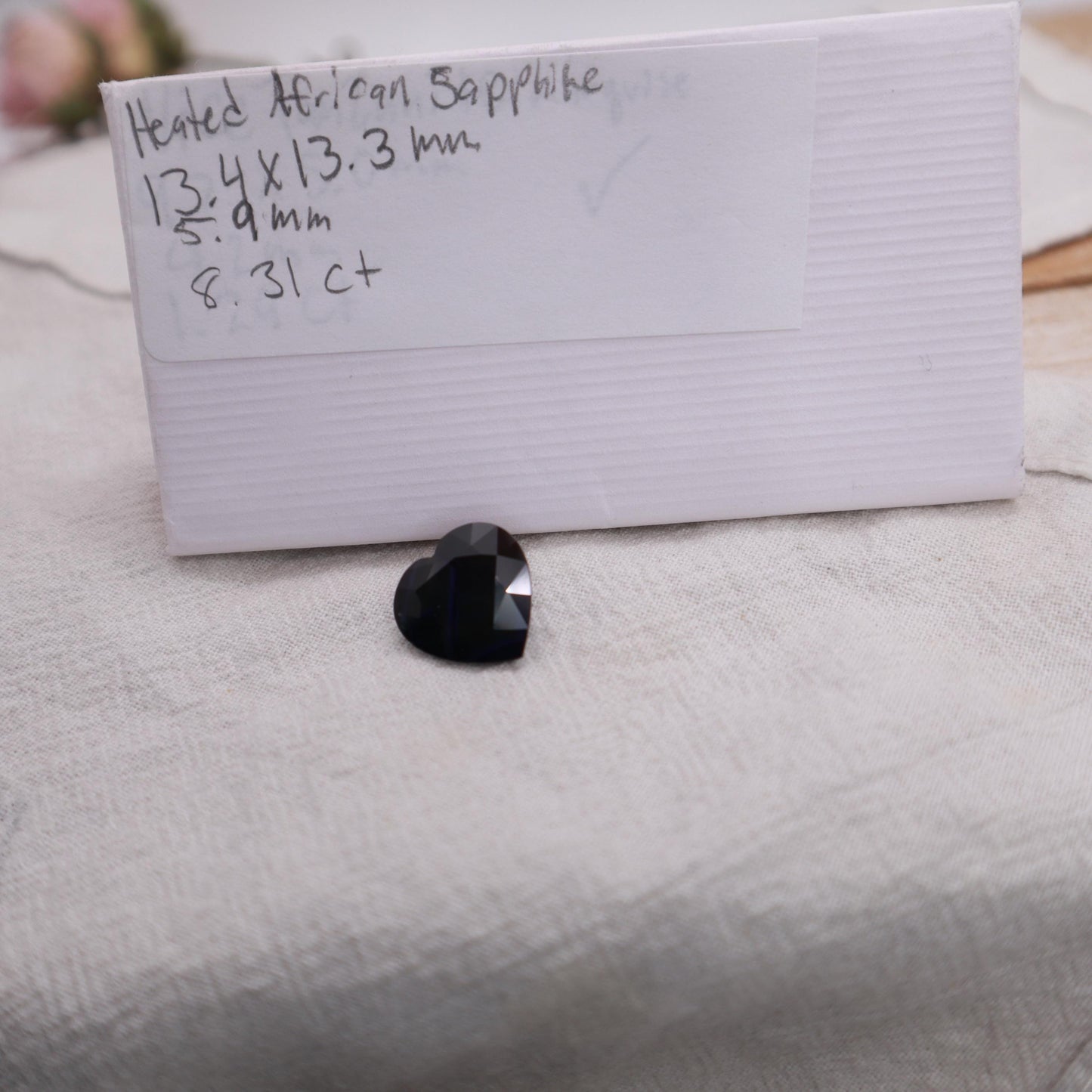 8.31 carat Natural Dark Sapphire 13.3x13.4mm, Heart Cut Gem Faceted Loose Large Dark Blue-Black Sapphire