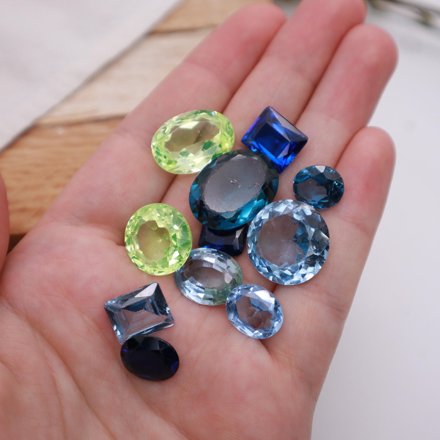 106 carat Lot of Lab Created Spinel 11 stones, Discounted Worn, Faceted, Recycled, Chipped, Damaged Gemstones, Blue and Yellow-Green