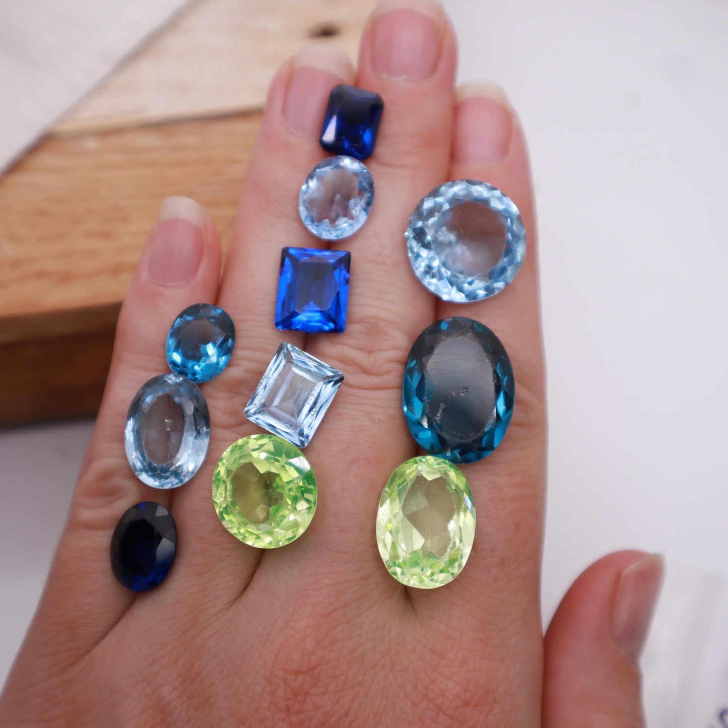 106 carat Lot of Lab Created Spinel 11 stones, Discounted Worn, Faceted, Recycled, Chipped, Damaged Gemstones, Blue and Yellow-Green