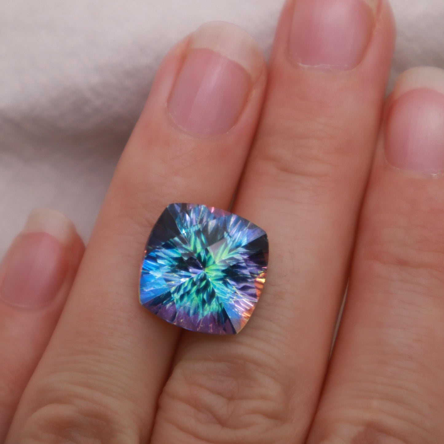 Mystic Topaz 14.22 carat 14mm Checkerboard Cushion Cut, Faceted Loose Multi Color Stone