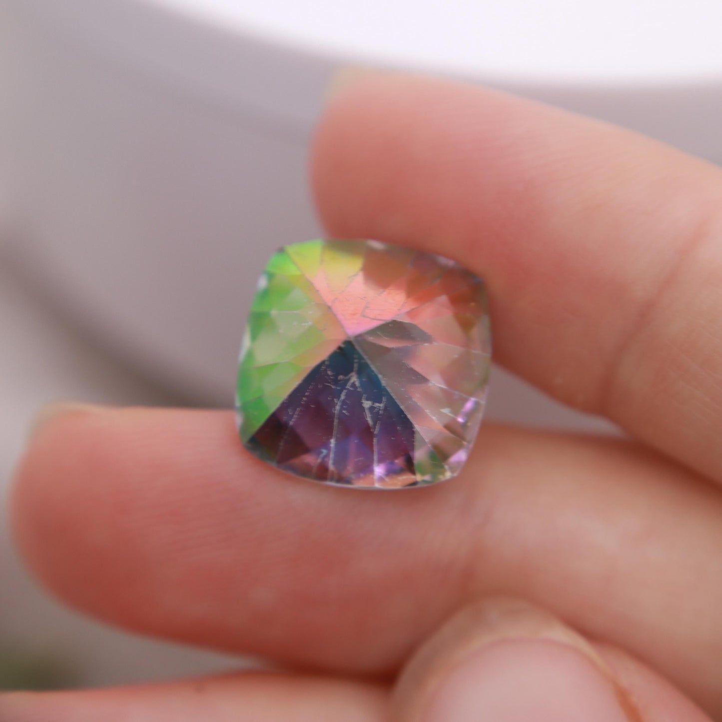 Mystic Topaz 14.22 carat 14mm Checkerboard Cushion Cut, Faceted Loose Multi Color Stone