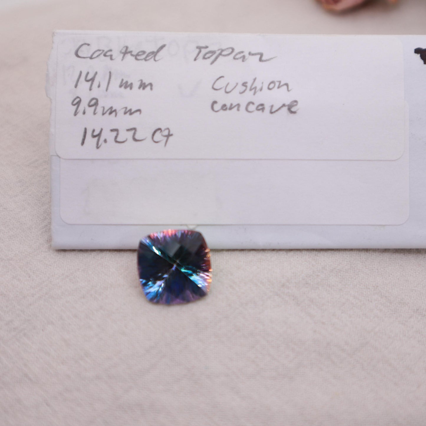 Mystic Topaz 14.22 carat 14mm Checkerboard Cushion Cut, Faceted Loose Multi Color Stone