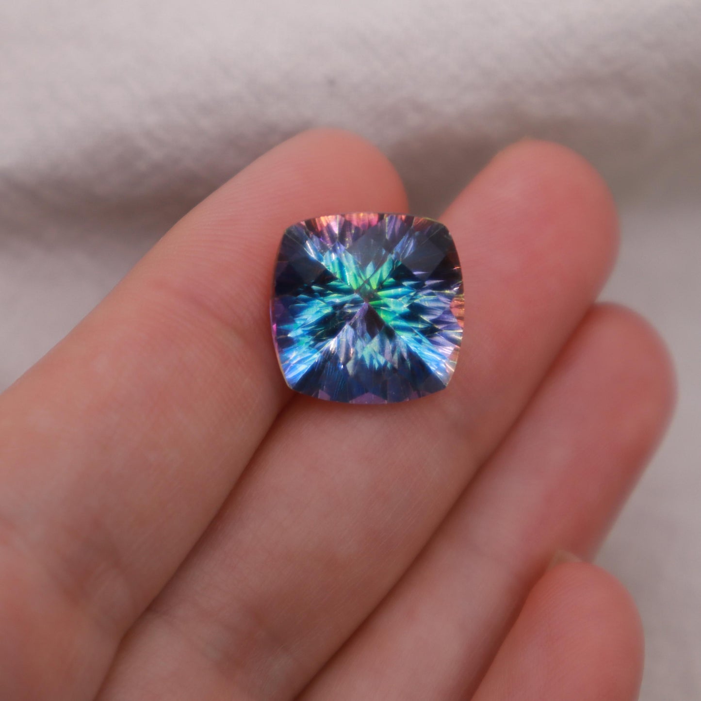 Mystic Topaz 14.22 carat 14mm Checkerboard Cushion Cut, Faceted Loose Multi Color Stone