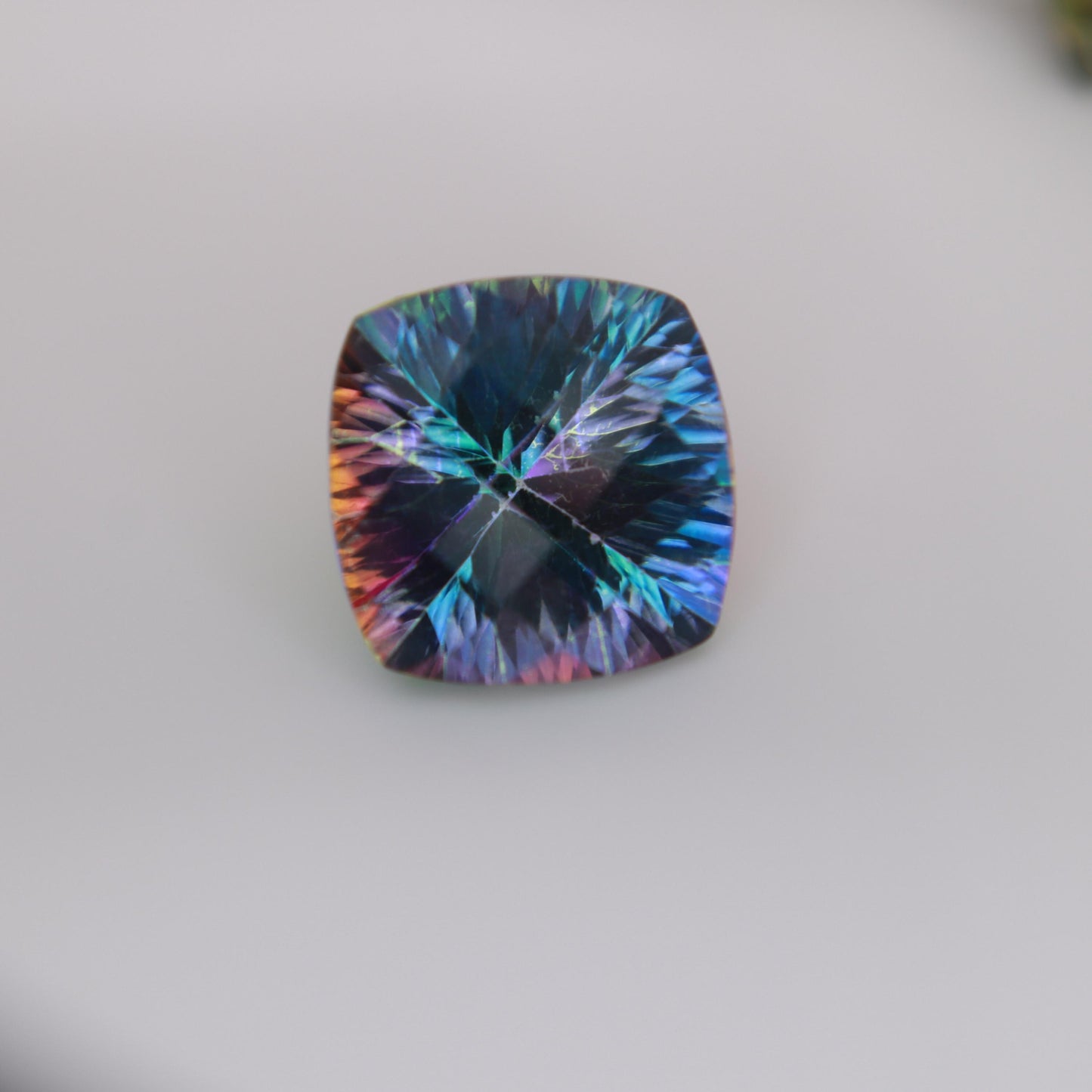 Mystic Topaz 14.22 carat 14mm Checkerboard Cushion Cut, Faceted Loose Multi Color Stone