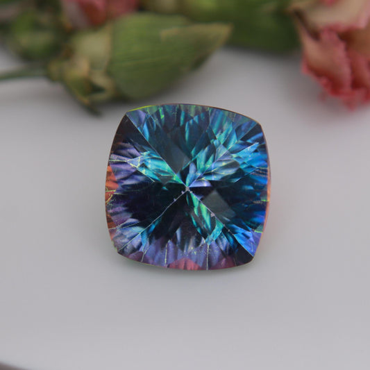 Mystic Topaz 14.22 carat 14mm Checkerboard Cushion Cut, Faceted Loose Multi Color Stone