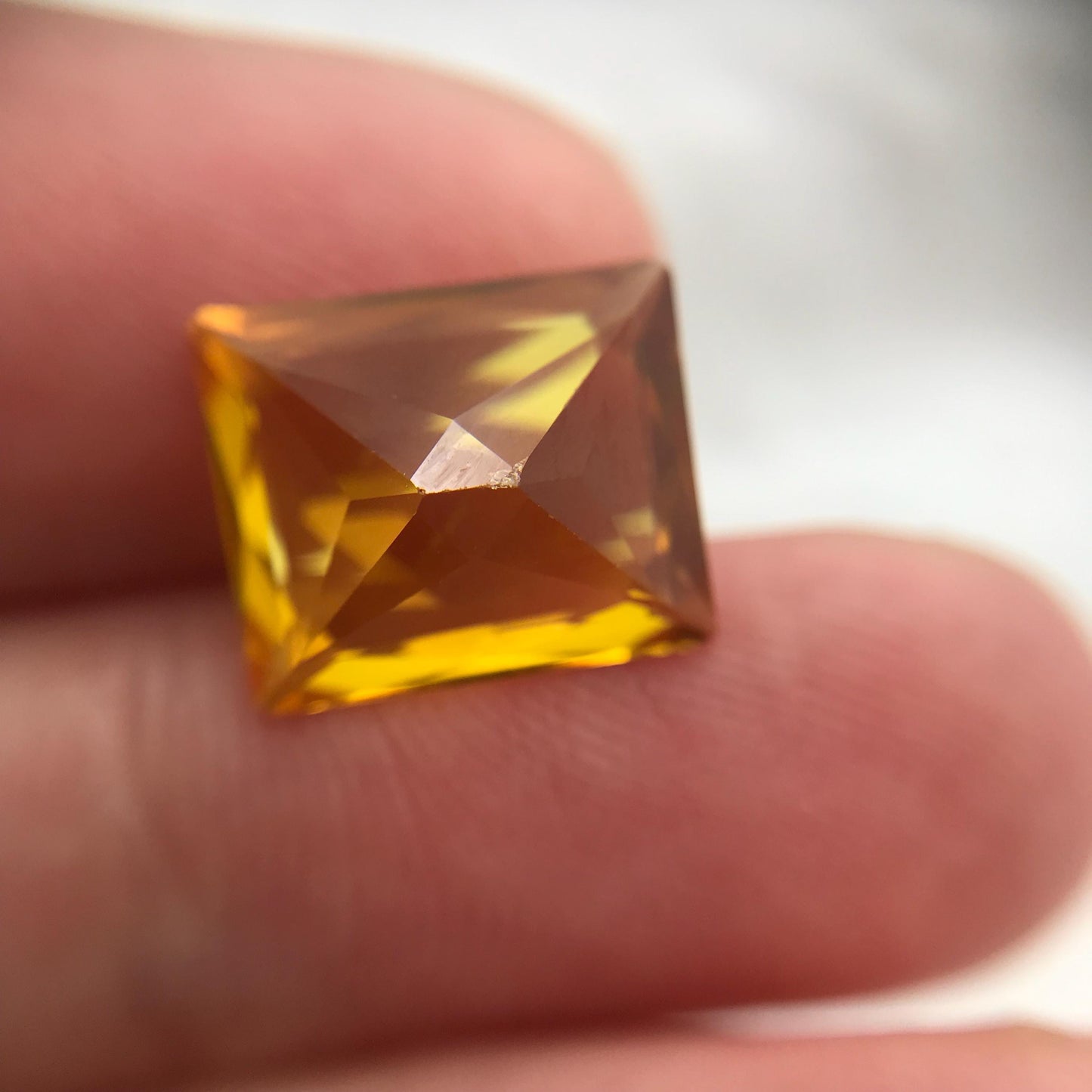 7 Carat Orangey Yellow Lab Sapphire 12x10mm Rectangle Cut, Reclaimed Faceted Loose Gemstone, Chipped Gemstone