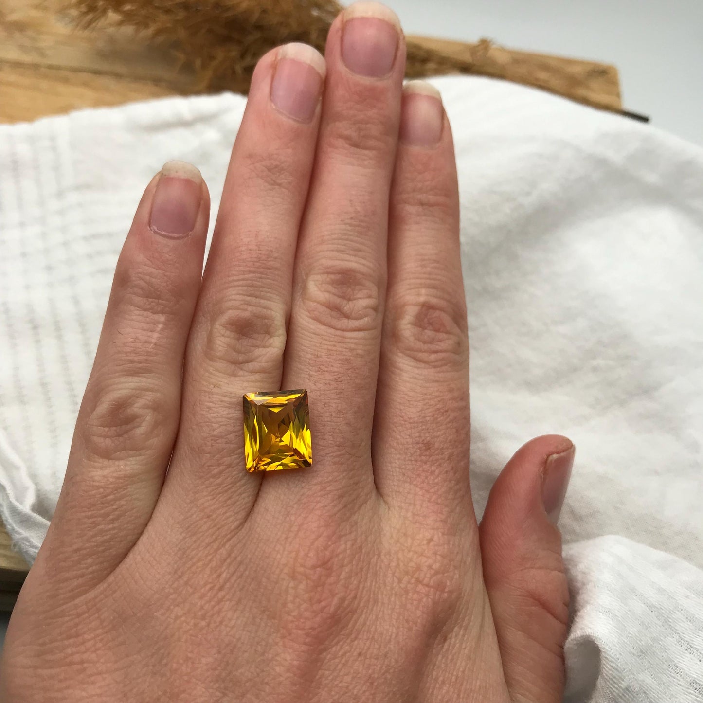 7 Carat Orangey Yellow Lab Sapphire 12x10mm Rectangle Cut, Reclaimed Faceted Loose Gemstone, Chipped Gemstone