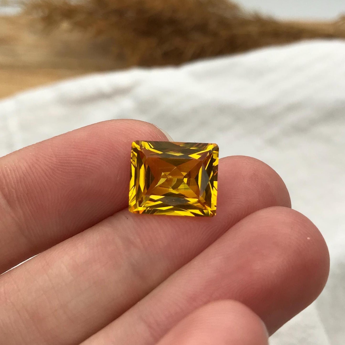 7 Carat Orangey Yellow Lab Sapphire 12x10mm Rectangle Cut, Reclaimed Faceted Loose Gemstone, Chipped Gemstone