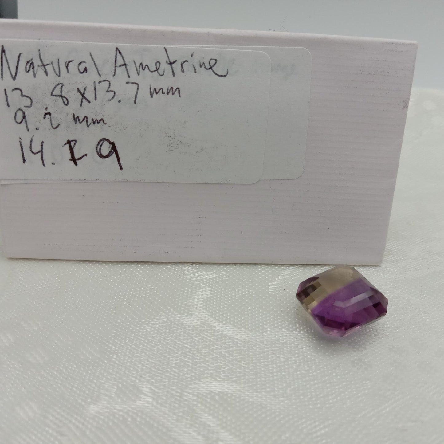 14mm square 14.19 Carat Ametrine 13.8x13.7mm Radiant Cut, Faceted Loose Bi-Color Gemstone Yellow/Purple
