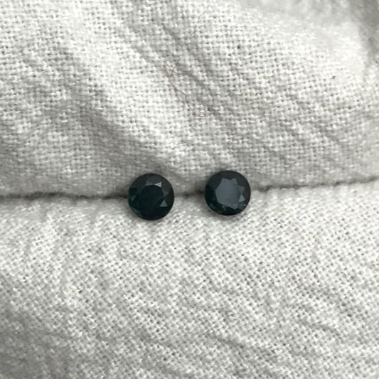 Pair of 3.5mm Natural Sapphire Deep Bluish Green Sapphires, 0.22 ea. 2 Round cut Sapphires, Faceted Stones Heated, 0.45 CTW,