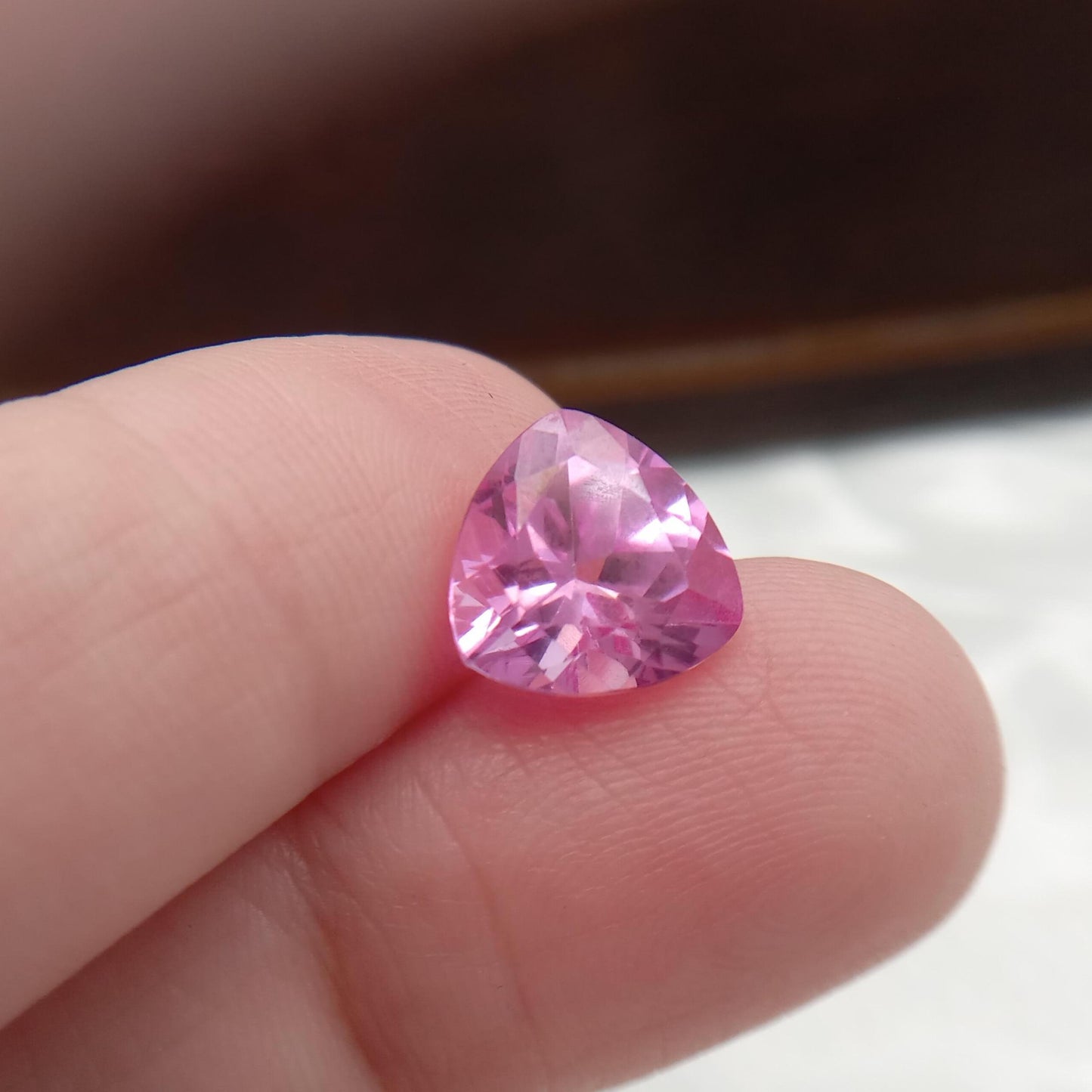 9.9mm Pink Lab Created Sapphire 4.38 cts Trillion Cut Unmounted Loose Faceted Gemstone Synthetic Man Made Corundum Pink Gem triangle