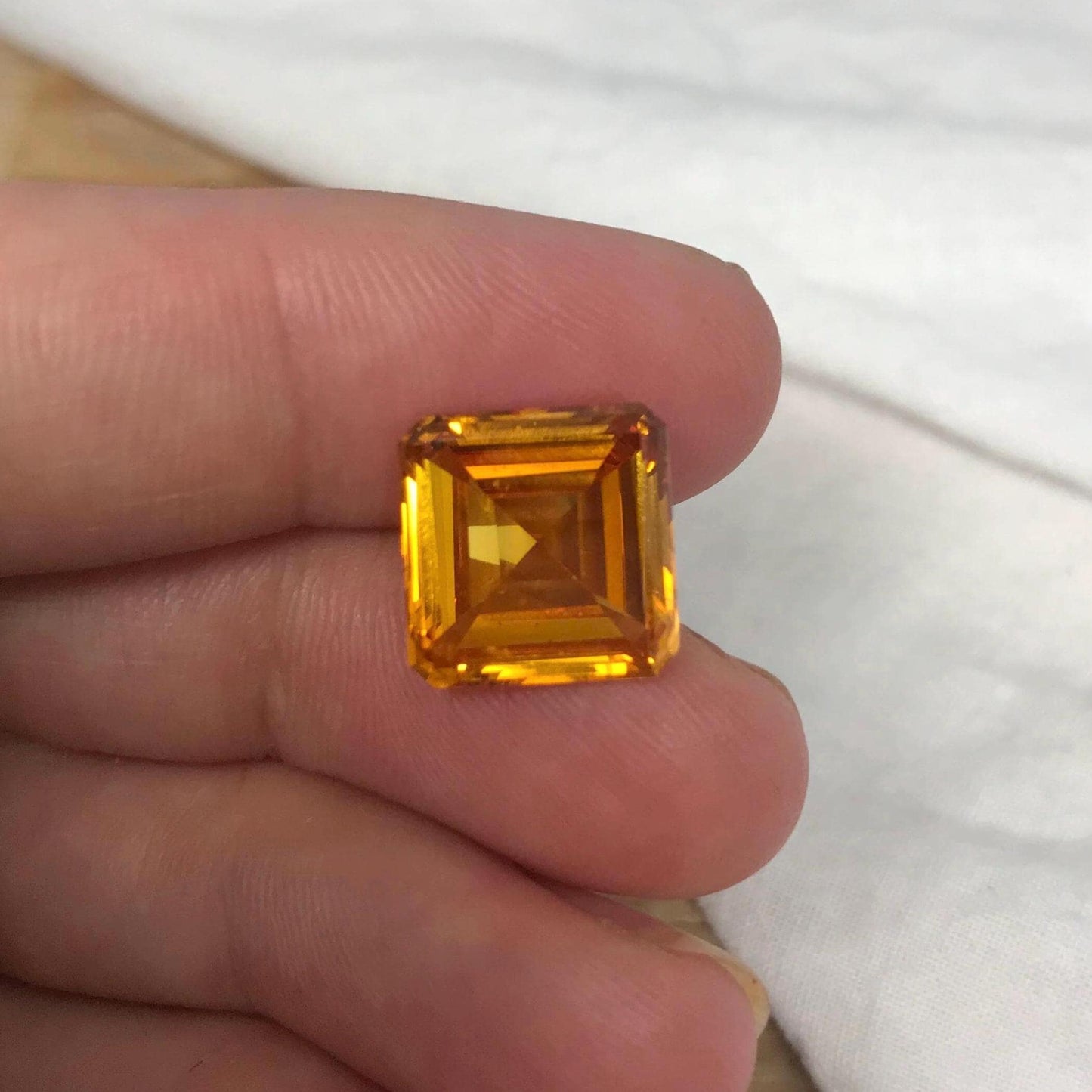 12mm Orangey Yellow Lab Sapphire: 9.66 Carat, Square cut