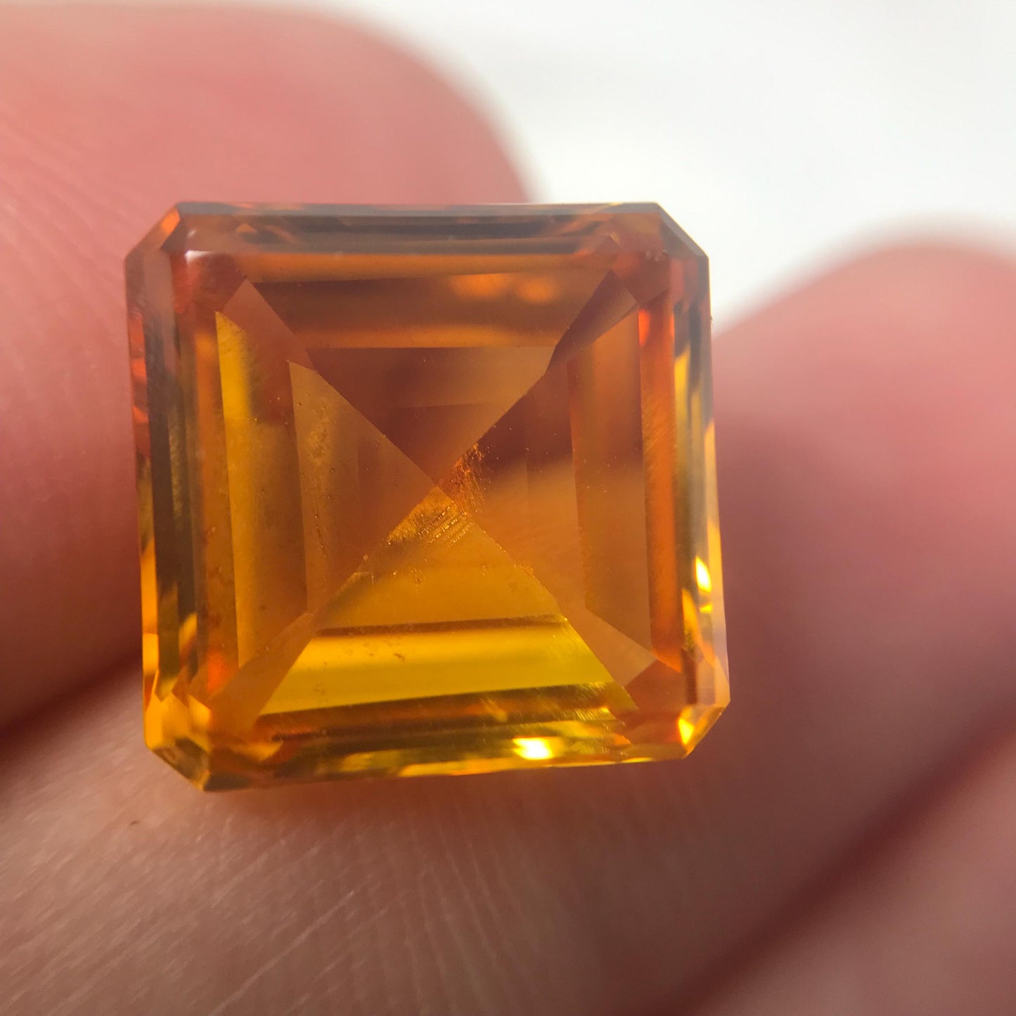 12mm Orangey Yellow Lab Sapphire: 9.66 Carat, Square cut