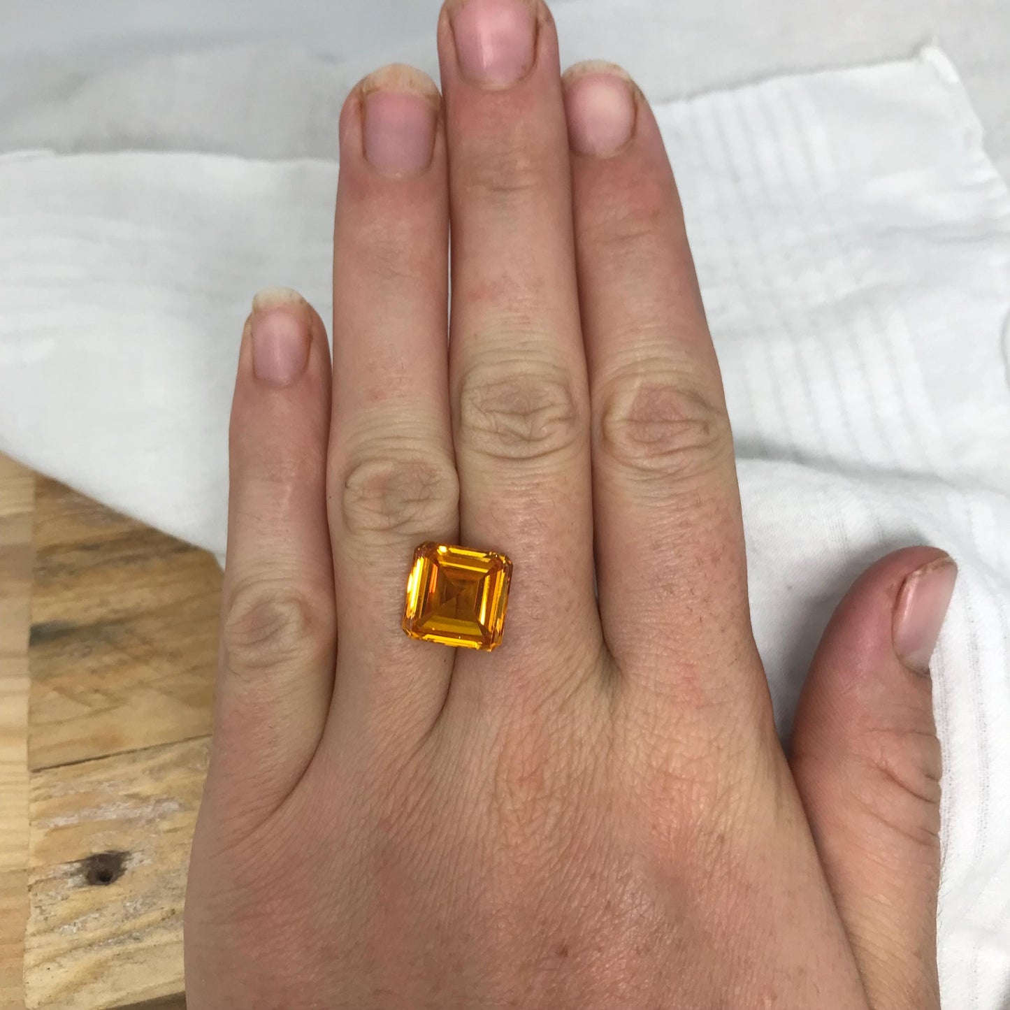 12mm Orangey Yellow Lab Sapphire: 9.66 Carat, Square cut