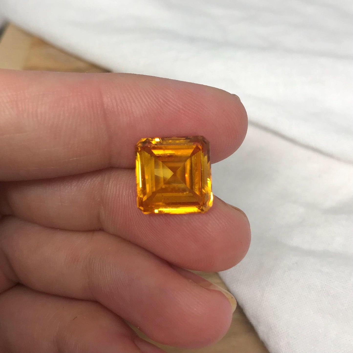 12mm Orangey Yellow Lab Sapphire: 9.66 Carat, Square cut