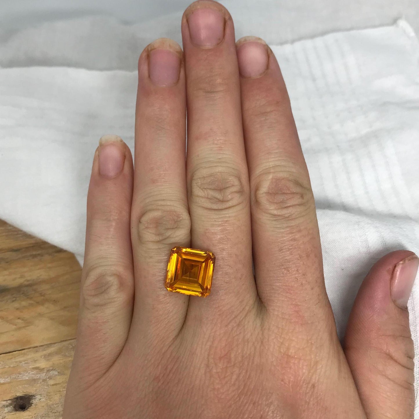 12mm Orangey Yellow Lab Sapphire: 9.66 Carat, Square cut