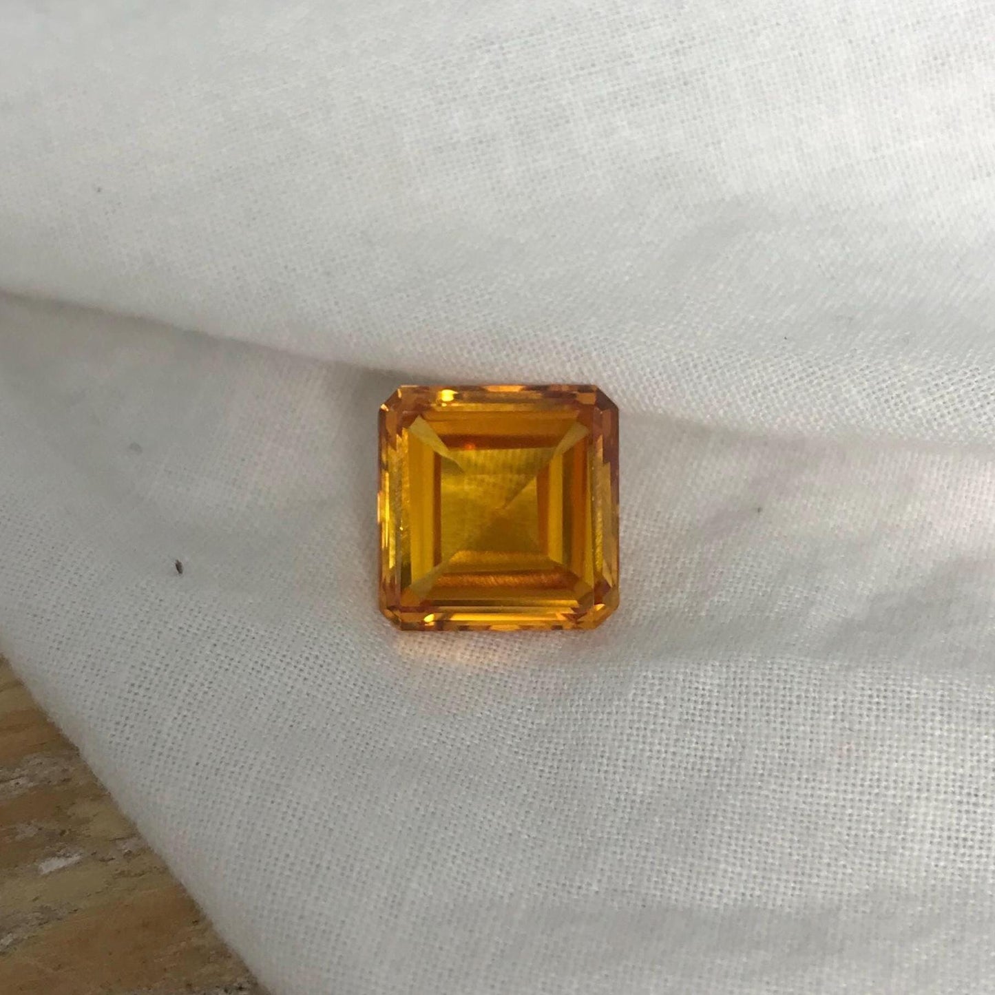 12mm Orangey Yellow Lab Sapphire: 9.66 Carat, Square cut