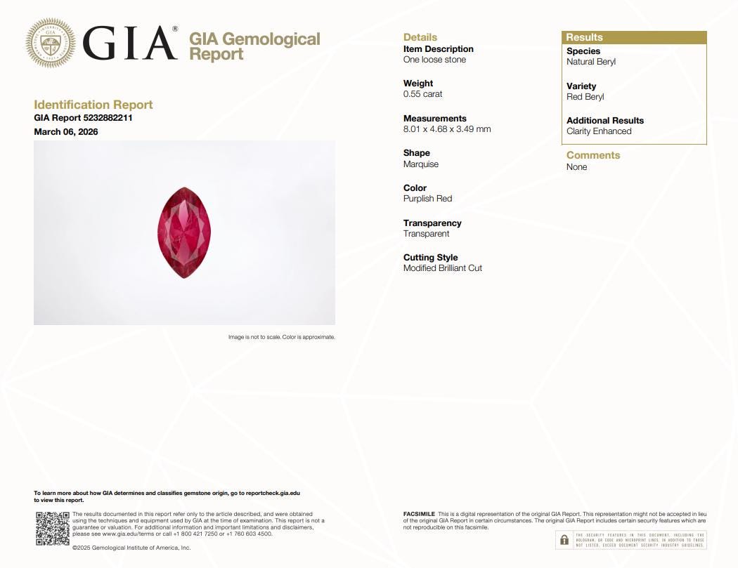 GIA 0.55 carat Red Beryl 8x4.7mm Marquise Cut, Natural Utah Bixbite