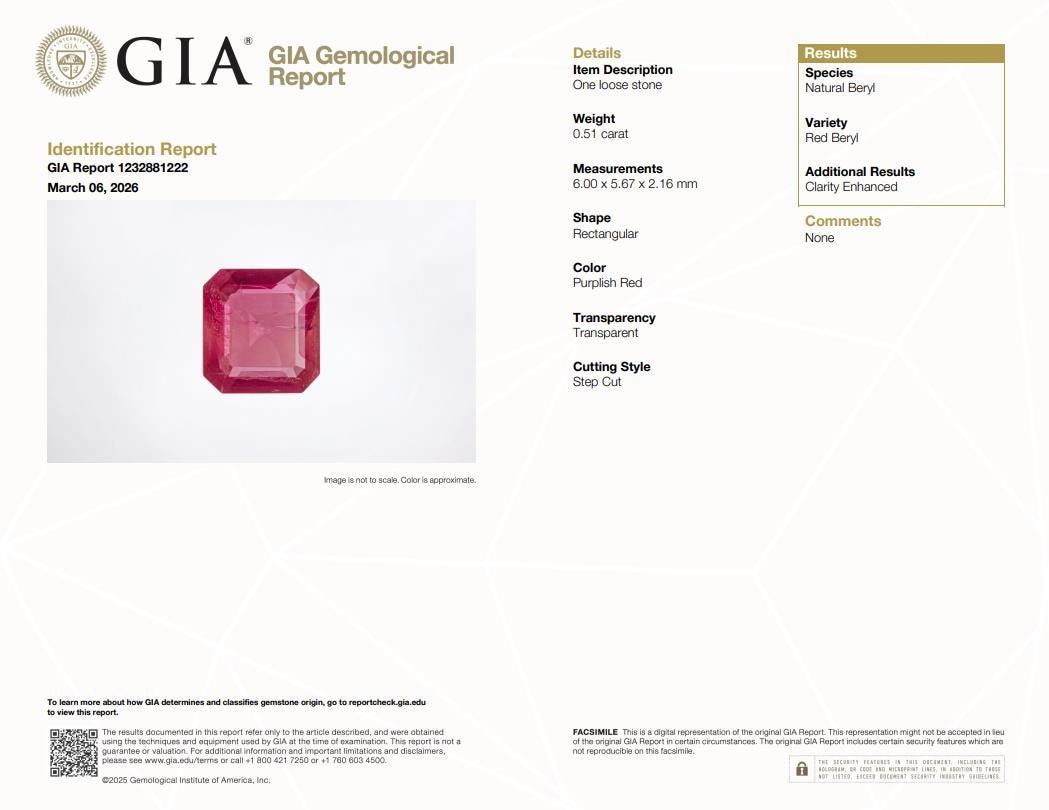 GIA 0.51 carat Red Beryl 6x5.7mm Emerald Cut, Natural Utah Bixbite