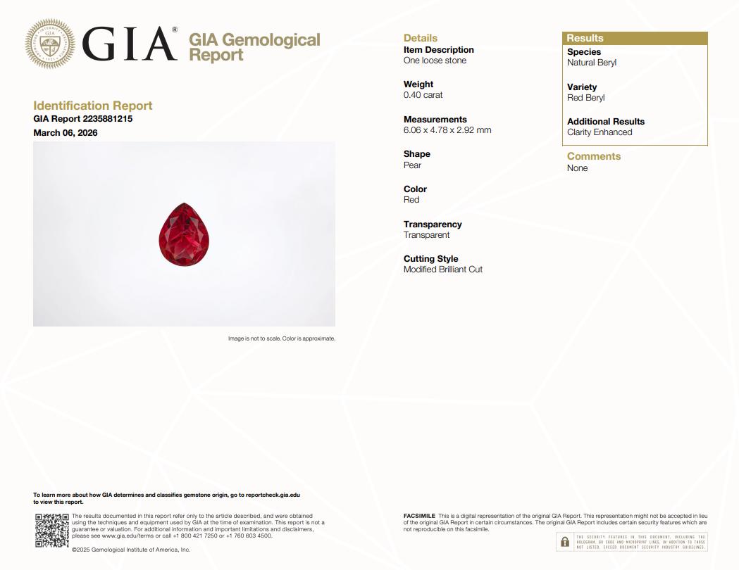 GIA 0.40 carat Red Beryl 6x4.8mm Pear Cut, Natural Utah Bixbite