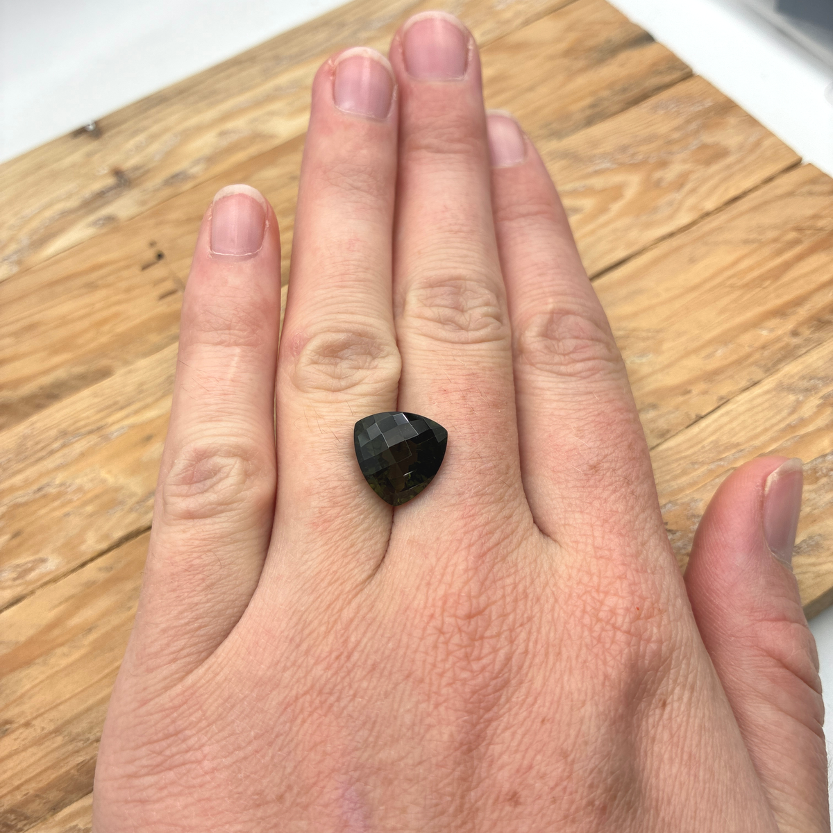 12mm Trillion Cut Dark Moldavite, 4.58 carat